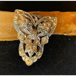 Old 30s PAT PEND AT180112 Rhinestone Dress clip, Stamped